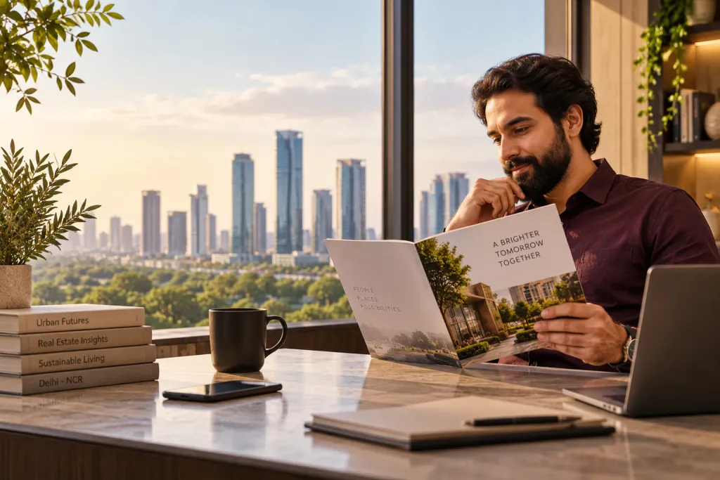 Professional reading a project brochure by a window overlooking the city