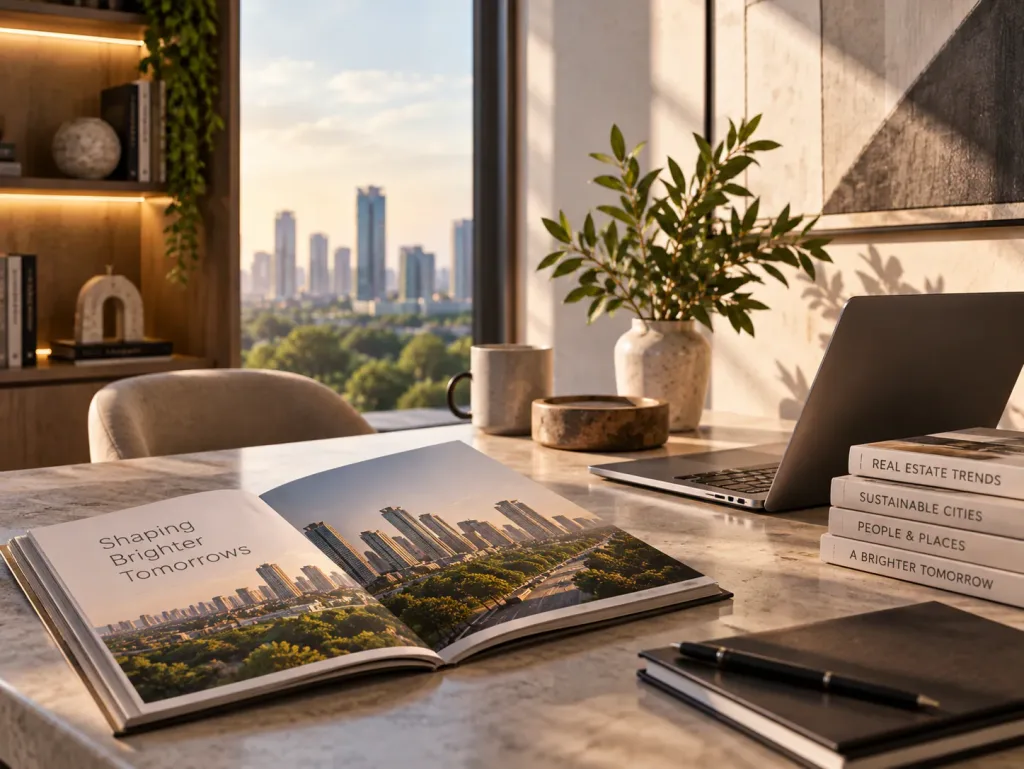 Architecture book open on a desk overlooking the city skyline