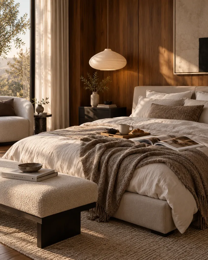 Warm, sunlit bedroom interior